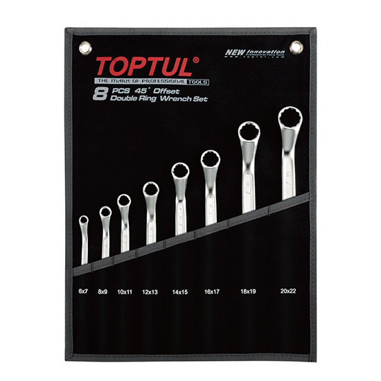 45° Offset Double Ring Wrench Set - POUCH BAG - BLACK (Satin Chrome Finished)